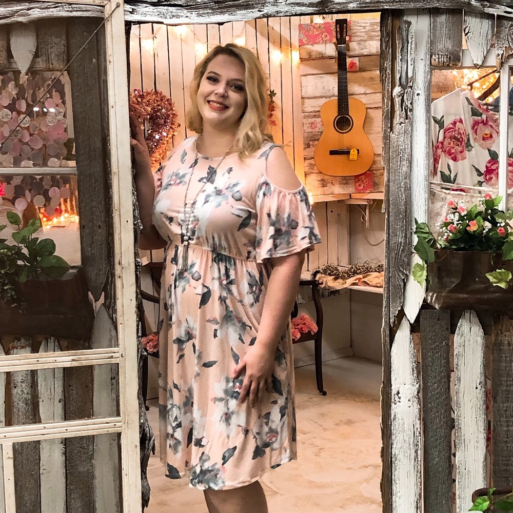Sweet Lovely Plus Cold-Shoulder Dress (in Blush)